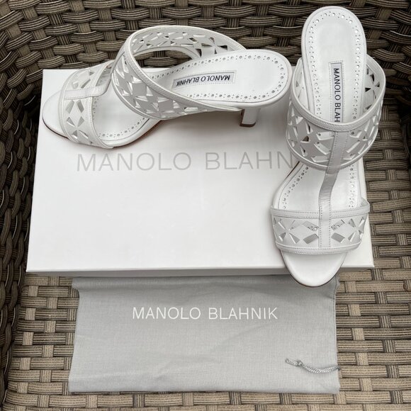 NIB Auc MANOLO BLAHNIK Sophocles Perforated Dual-Band Slide Sandals - Yoth9933 - Picture 12 of 13